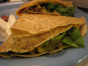 Hazelnut Crepes with Leek & New Potato Filling, Arugula, & Creme Fraiche