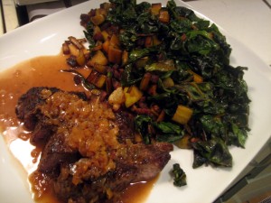 Golden Chard with Pancetta & Pear with Filet Mignon Port Reduction Recipe Photo