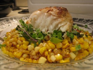 Halibut on hazelnut gomashi corn