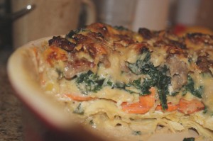 white lasagne with sausage, kale, sweet potatoes & leeks