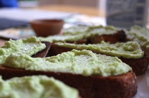 crostini with green garlic, fava bean and chevre spread