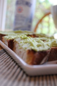 crostini with green garlic, fava bean and chevre spread