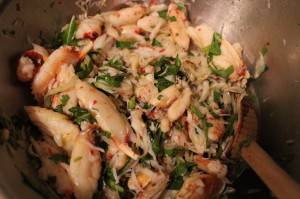 crab salad with arugula, yuzu, pink peppercorns