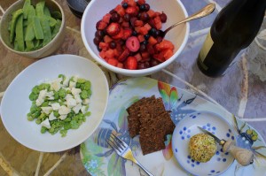 Backyard feast with pecorino and fava beans, rosewater fruit salad, mexican chia crackers, and raw macadamia nut cheese rolled in pistachios