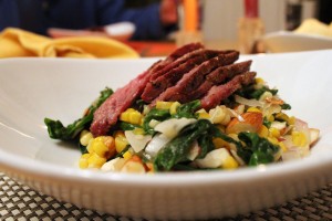 tritip on coconut corn salad